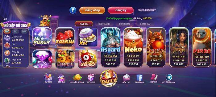 Giao diện màu tím bắt mắt của cổng game SN365 Vin